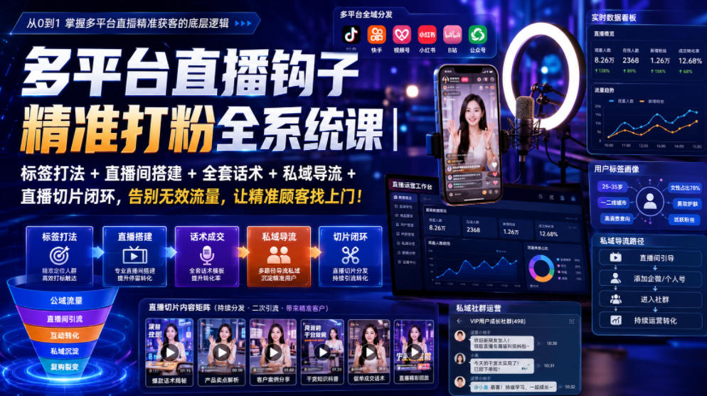 多平台直播钩子精准打粉全系统课|标签打法+直播间搭建+全套话术+私域导流+直播切片闭环,告别无效流量,让精准顾客找上门!-选优云网创
