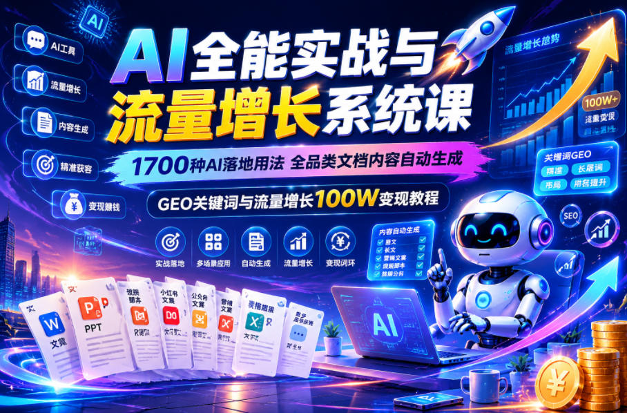 AI全能实战与流量增长系统课，1700种AI落地用法，全品类文档内容自动生成，GEO关键词与流量增长100W变现教程-选优云网创