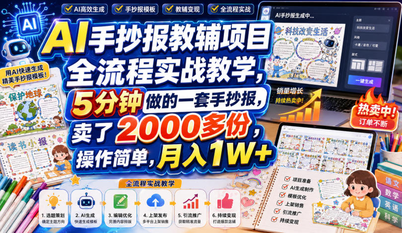 AI手抄报教辅项目全流程实战教学，5分钟做的一套手抄报，卖了2000多份，操作简单，月入1W+-选优云网创