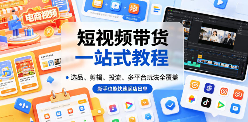 短视频带货一站式教程，选品、剪辑、投流、多平台玩法全覆盖，新手也能快速起店出单-选优云网创