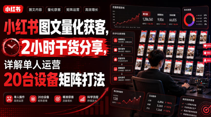 小红书图文量化获客，2小时干货分享，详解单人运营20台设备矩阵打法-选优云网创