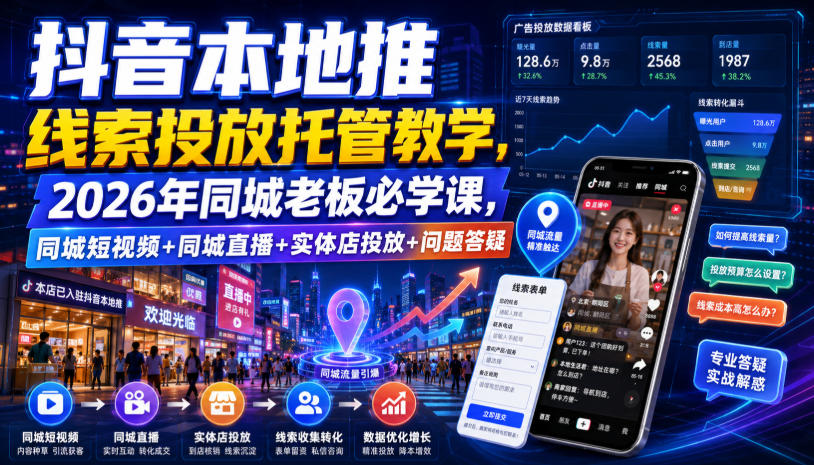 抖音本地推线索投放托管教学,2026年同城老板必学课,同城短视频+同城直播+实体店投放+问题答疑-选优云网创