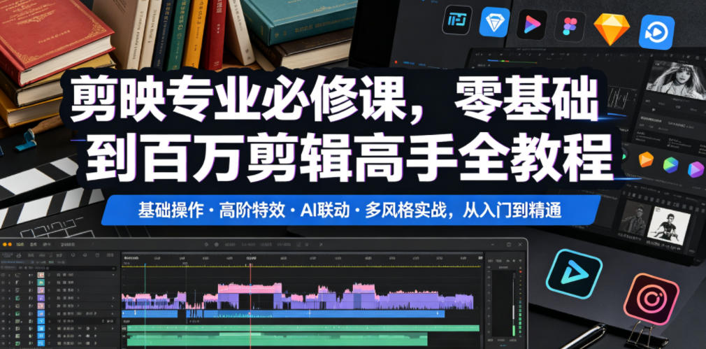剪映专业必修课，零基础到百万剪辑高手全教程，基础操作・高阶特效・AI联动・多风格实战，从入门到精通-选优云网创