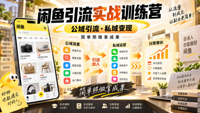 闲鱼引流实战训练营，公域引流·私域变现，简单照做拿成果-选优云网创