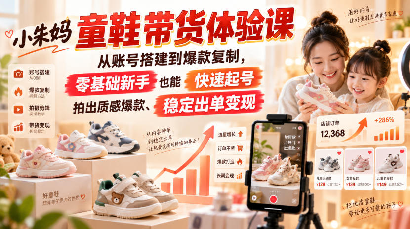 小朱妈童鞋带货体验课，从账号搭建到爆款复制，零基础新手也能快速起号、拍出质感爆款、稳定出单变现-选优云网创