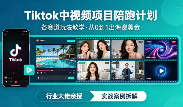 某大佬的Tiktok中视频项目陪跑，涵盖TK各个赛道玩法教学，从0到1出海賺美金-选优云网创