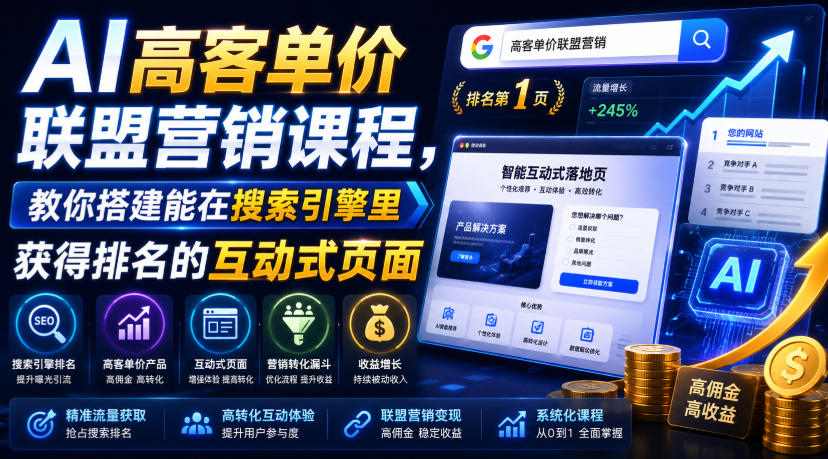 AI高客单价联盟营销课程，教你搭建能在搜索引擎里获得排名的互动式页面，引来流量，把访客转化为高佣金的成交【原创双语字幕】-选优云网创