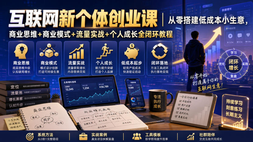 互联网新个体创业课｜从零搭建低成本小生意，商业思维+商业模式+流量实战+个人成长全闭环教程-选优云网创
