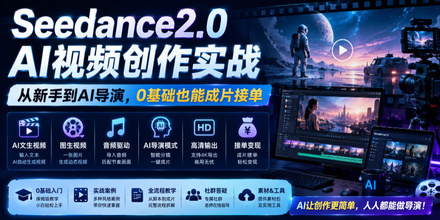 Seedance2.0 AI视频创作实战，从新手到AI导演，0基础也能成片接单变现-选优云网创