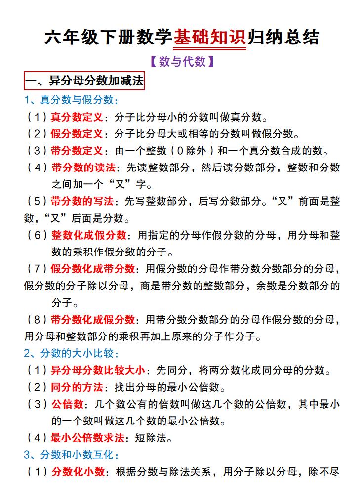 六年级下数学期末复习基础知识归纳总结《冀教版》-选优云网创