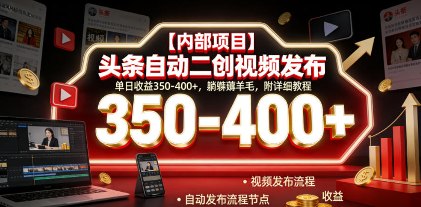 【内部项目】头条自动二创视频发布，单日收益350-400+，躺賺薅羊毛，附详细教程【揭秘】-选优云网创