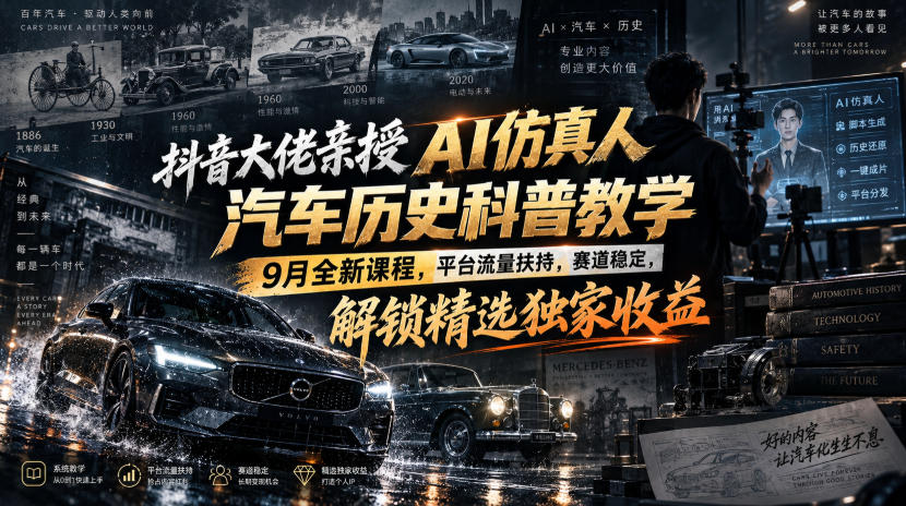 抖音大佬亲授AI仿真人汽车历史科普教学，9月全新课程，平台流量扶持，赛道稳定，解锁精选独家收益-选优云网创
