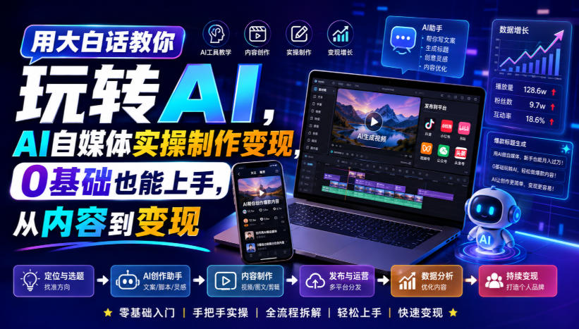 用大白话教你玩转AI，AI自媒体实操制作变现，0基础也能上手，从内容到变现-选优云网创