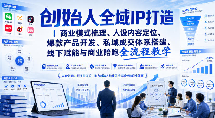 创始人全域IP打造｜商业模式梳理、人设内容定位、爆款产品开发、私域成交体系搭建、线下赋能与商业陪跑全流程教学-选优云网创