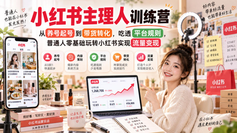 小红书主理人训练营，从养号起号到带货转化，吃透平台规则，普通人零基础玩转小红书实现流量变现-选优云网创