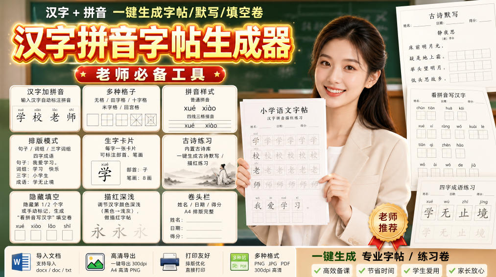 学习神器，汉字拼音字帖生成器，汉字+拼音 一键生成字帖/默写/填空卷，支持词组、成语，老师、家长必备-选优云网创