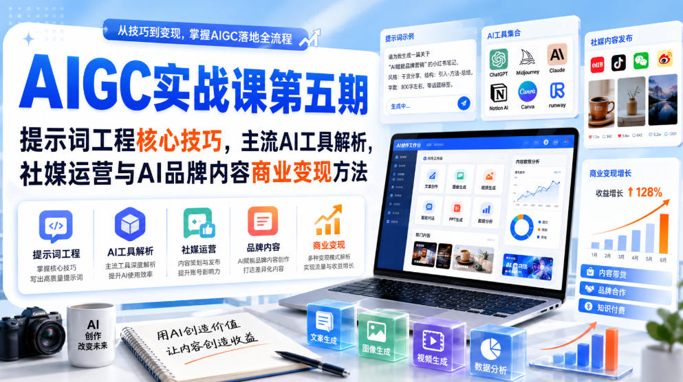 刺猬星球·AIGC实战课第五期，提示词工程核心技巧，主流AI工具解析，社媒运营与AI品牌内容商业变现方法-选优云网创