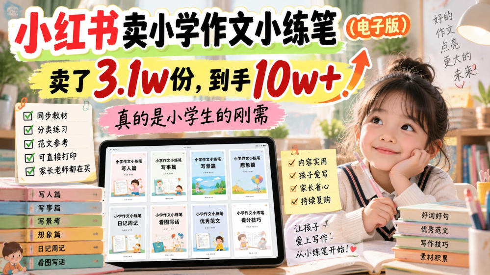 小红书卖小学作文小练笔（电子版），卖了3.1w份，到手10w+，真的是小学生的刚需-选优云网创