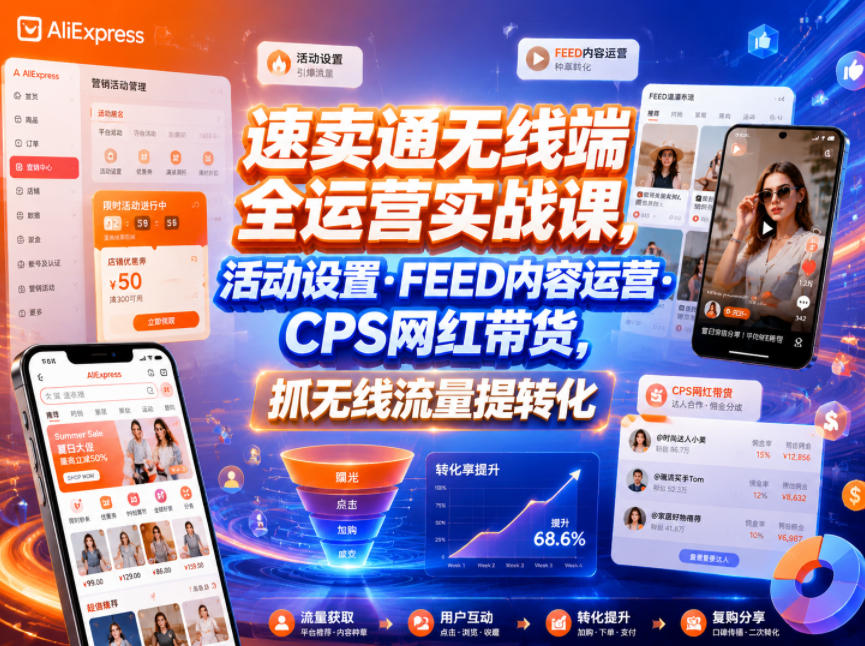 速卖通无线端全运营实战课，活动设置・FEED内容运营・CPS网红带货，抓无线流量提转化-选优云网创