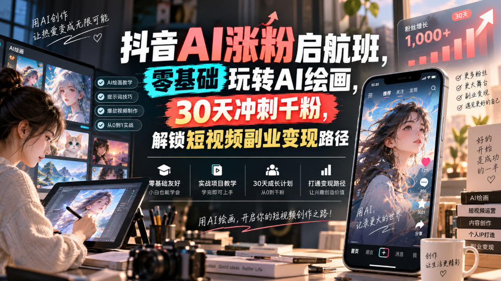 抖音AI涨粉启航班，零基础玩转AI绘画，30天冲刺千粉，解锁短视频副业变现路径-选优云网创