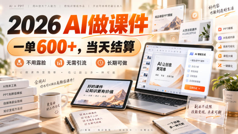 2026 AI做课件，一单600+，当天结算，不用露脸，无需引流，长期可做【揭秘】-选优云网创