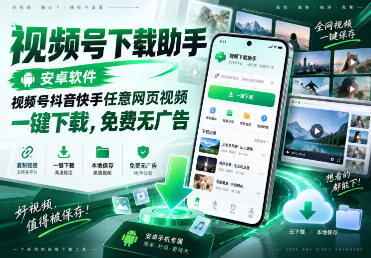 视频号下载助手，安卓软件，视频号抖音快手任意网页视频，一键下载，免费无广告-选优云网创