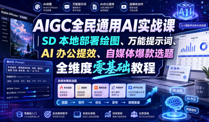 AIGC全民通用AI实战课｜SD本地部署绘图、万能提示词、AI办公提效、自媒体爆款选题全维度零基础教程-选优云网创
