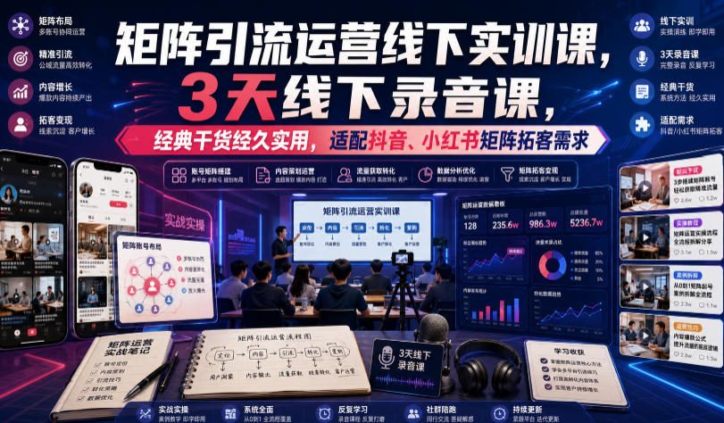 嗨推矩阵引流运营线下实训课，3天线下录音课，经典干货经久实用，适配抖音、小红书矩阵拓客需求-选优云网创