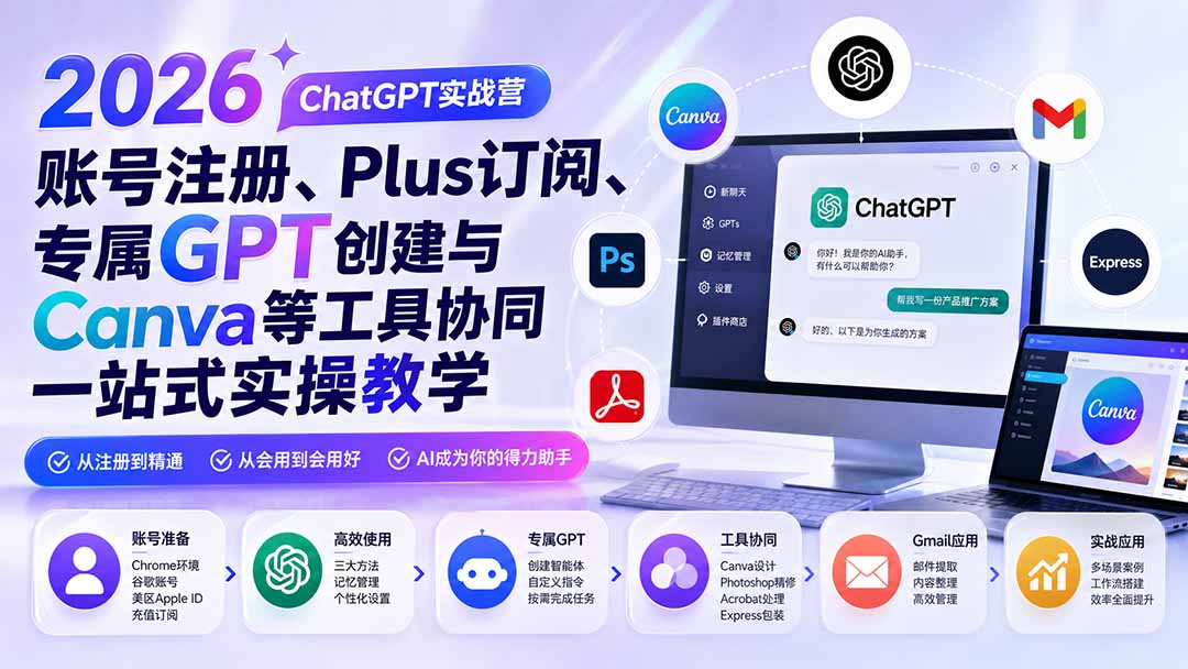 2026 ChatGPT实战营；账号注册、Plus订阅、专属GPT创建与Canva等工具协同一站式实操教学-选优云网创
