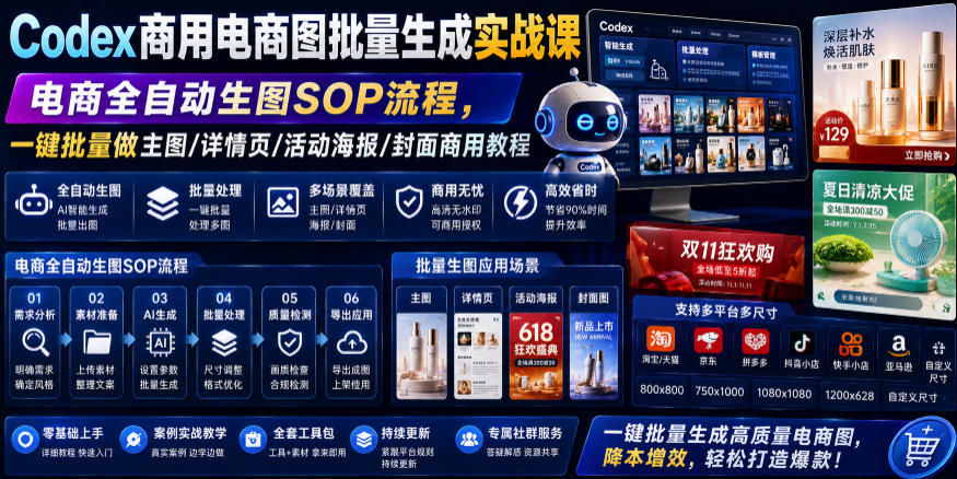Codex商用电商图批量生成实战课｜电商全自动生图SOP流程，一键批量做主图/详情页/活动海报/封面商用教程-选优云网创