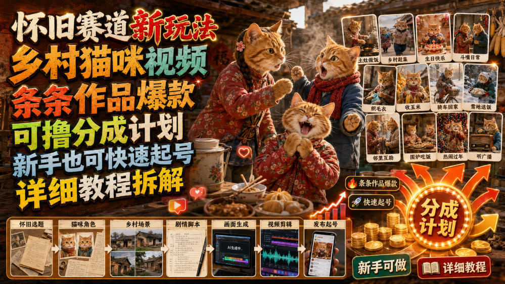 怀旧赛道新玩法，乡村猫咪视频，条条作品爆款，可撸分成计划，新手也可快速起号，详细教程拆解-选优云网创