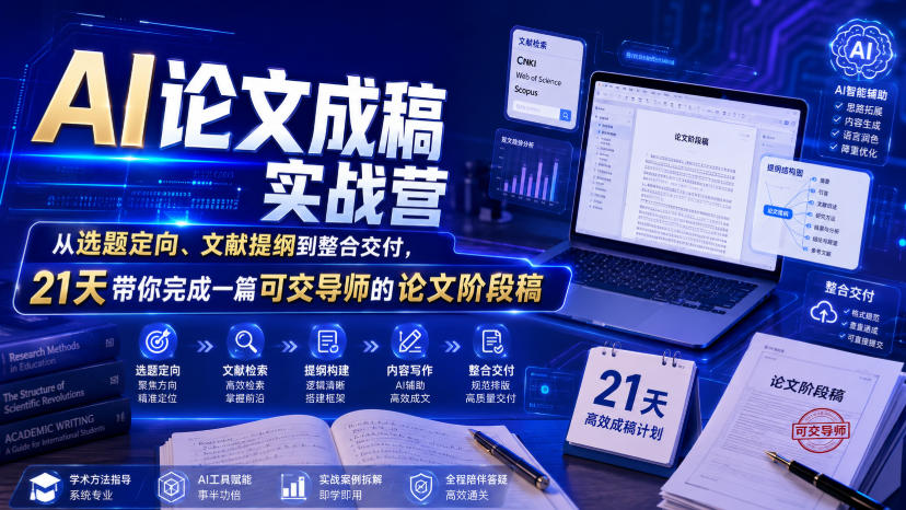 AI论文成稿实战营，从选题定向、文献提纲到整合交付，21天带你完成一篇可交导师的论文阶段稿-选优云网创