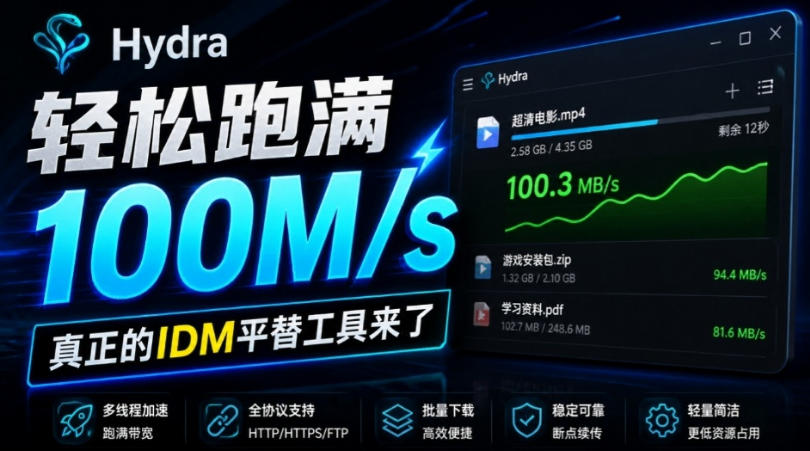 轻松跑满100M/s，真正的IDM平替工具来了，开源多线程器，支持浏览器拓展，一键智能加速Hydra Download Manager-选优云网创