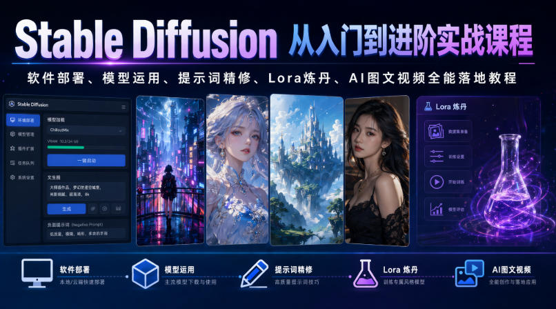 Stable Diffusion从入门到进阶实战课程｜软件部署、模型运用、提示词精修、Lora炼丹、AI图文视频全能落地教程-选优云网创