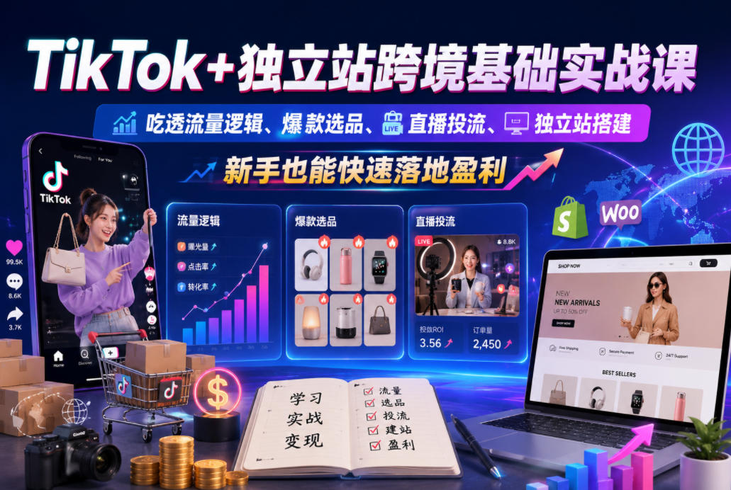 TikTok+独立站跨境基础实战课，吃透流量逻辑、爆款选品、直播投流与独立站搭建，新手也能快速落地盈利-选优云网创