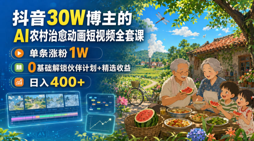 抖音30W博主的AI农村治愈动画短视频全套课｜单条涨粉1W，0基础解锁伙伴计划+精选收益，日入400+-选优云网创