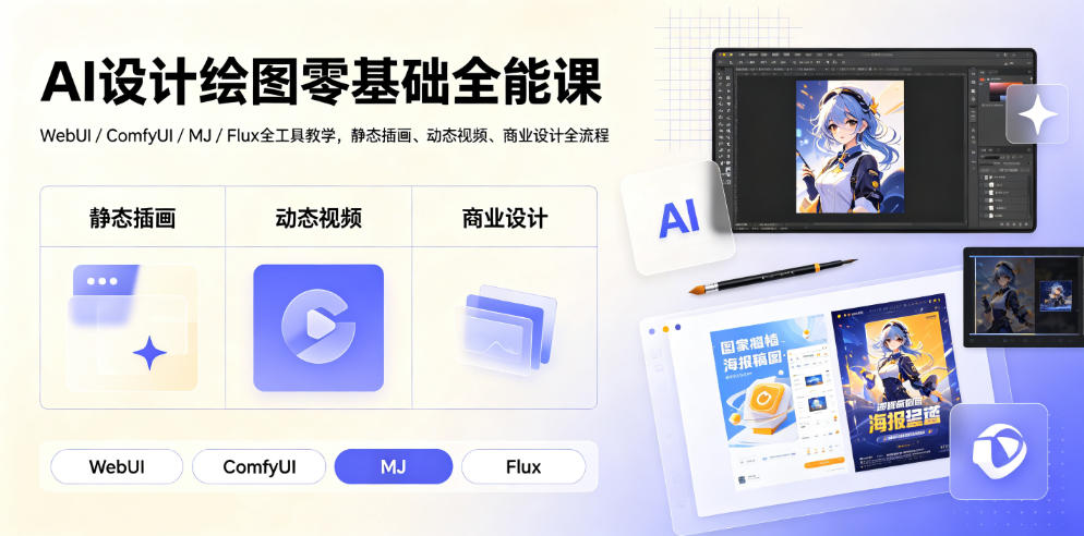 AI设计绘图零基础全能课｜WebUI/ComfyUI/MJ/Flux全工具教学，静态插画、动态视频、商业设计全流程-选优云网创