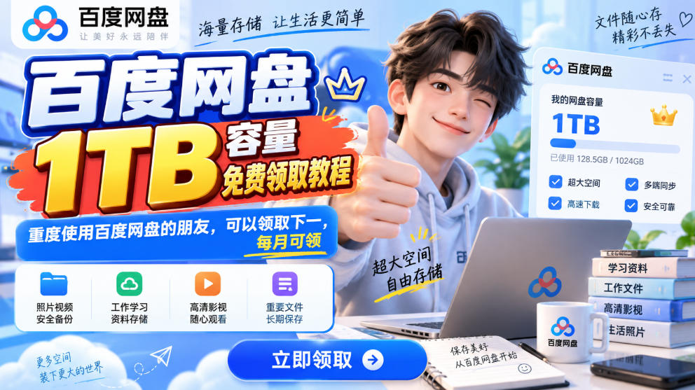百度网盘1TB容量免费领取教程，重度使用百度网盘的朋友，可以领取下一，每月可领-选优云网创