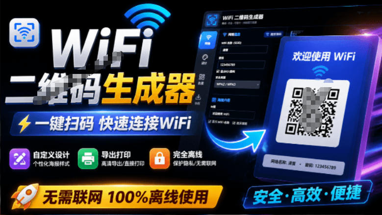 完全离线使用！WiFi二维码生成器，一键扫码快速连接WiFi，支持自定义风格导出WiFi二维码生成器-选优云网创