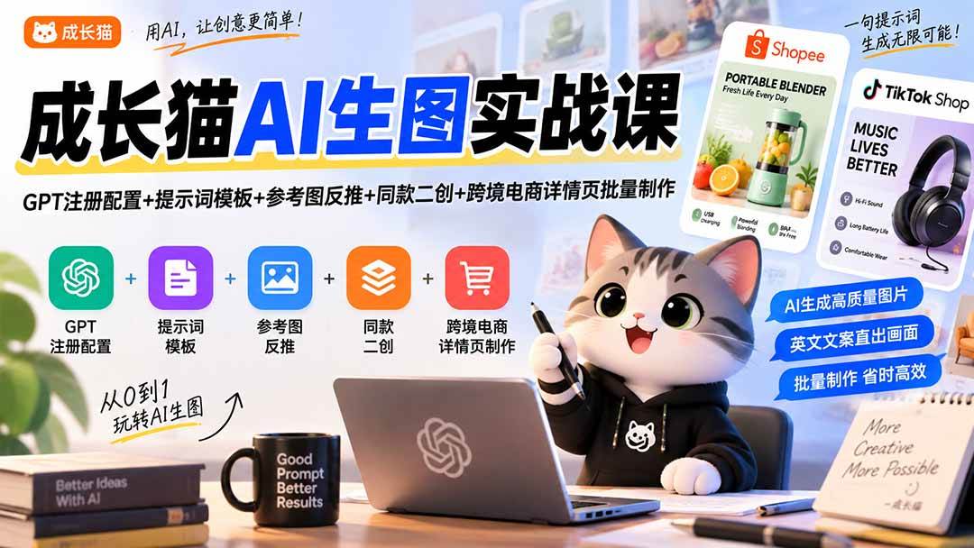 （20482期）成长猫AI生图实战课｜GPT注册配置+提示词模板+参考图反推+同款二创+跨境电商详情页批量制作-选优云网创