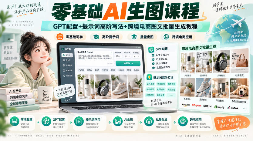 零基础AI生图课程，GPT配置+提示词高阶写法+跨境电商图文批量生成教程-选优云网创