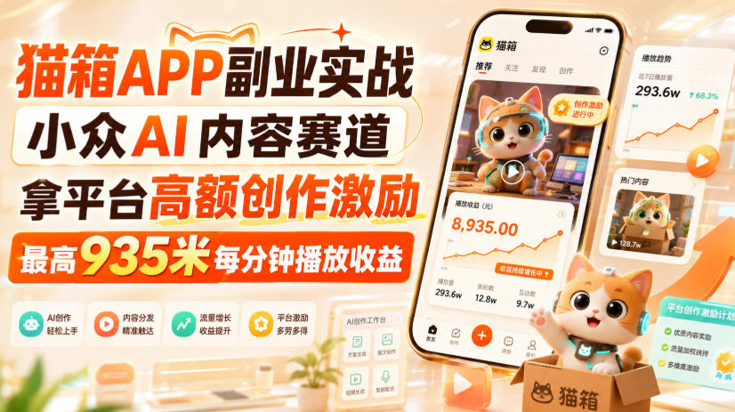 猫箱APP副业实战，小众AI内容赛道，拿平台高额创作激励，最高935米每分钟播放收益-选优云网创
