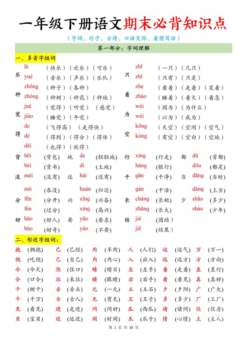 26春一年级下语文期末必背知识点-选优云网创
