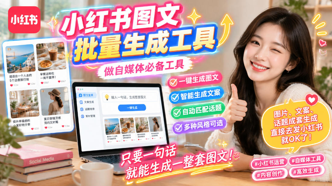 小红书图文批量生成工具，话题、文案、配图一键生成，直接发布，做自媒体必备工具-选优云网创