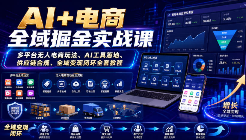 AI+电商全域掘金实战课｜多平台无人电商玩法、AI工具落地、供应链合规、全域变现闭环全套教程-选优云网创