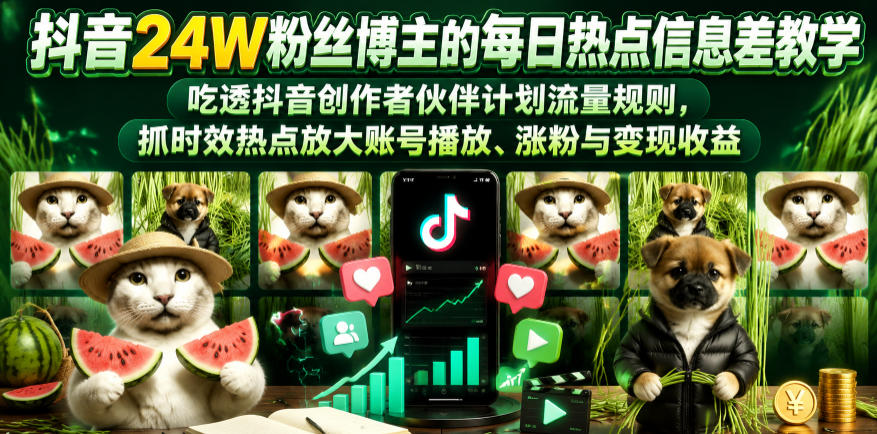 抖音24W粉丝博主的每日热点信息差教学，吃透创作者伙伴计划流量规则，抓时效热点放大账号播放、涨粉与变现收益(更新)-选优云网创