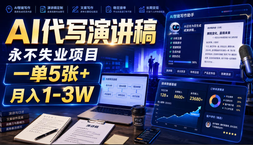 AI代写演讲稿，永不失业项目，一单5张+，月入1-3W【揭秘】-选优云网创