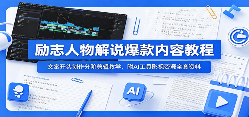 励志人物解说爆款内容教程：文案开头创作分阶剪辑教学，附AI 工具影视资源全套资料-选优云网创