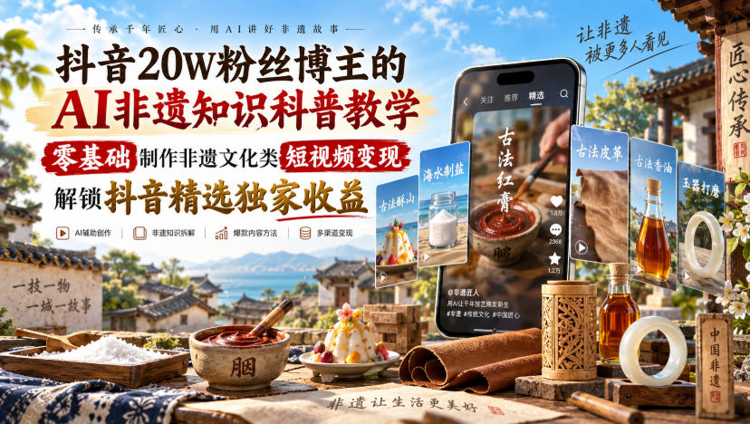 抖音20W粉丝博主的AI非遗知识科普教学，零基础制作非遗文化类短视频变现，解锁抖音精选独家收益-选优云网创