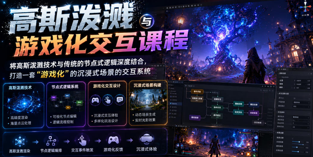 高斯泼溅与游戏化交互课程,将高斯泼溅技术与传统的节点式逻辑深度结合,打造一套“游戏化”的沉浸式场景的交互系统-选优云网创